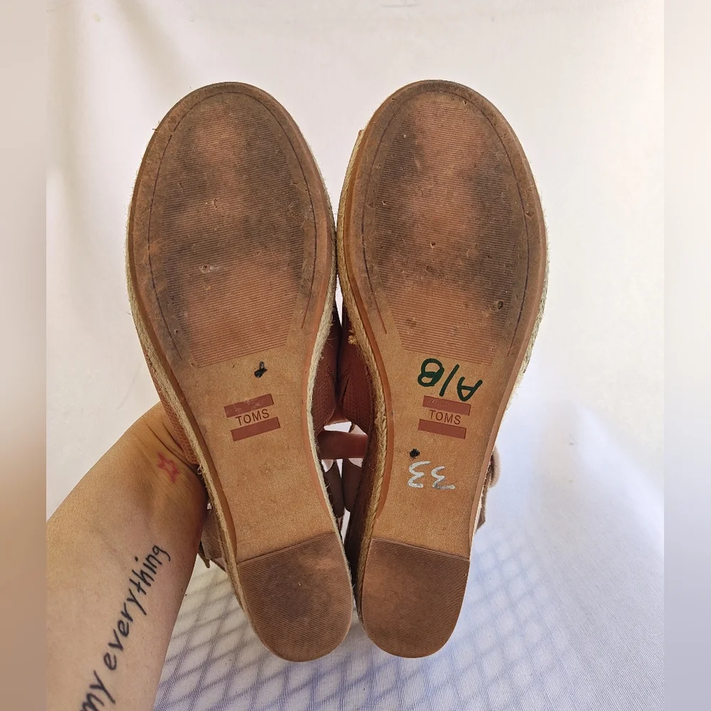 TOMS Tropez Wedge Sandal Nubuck‎ Leather Open Toe Cork 10 Tan Peach Beige